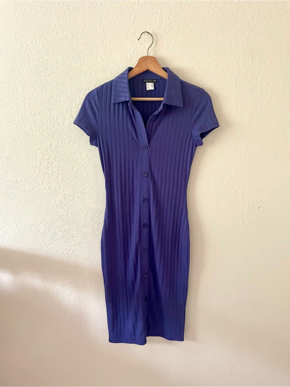Venus Women’s Y2K Purple Ribbed Collar Short Sleeve Button Down Mini Dress